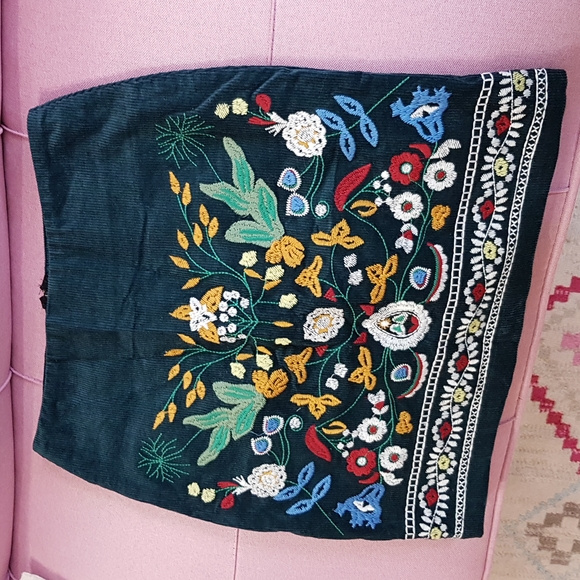 New Embroidered Mini Teal Corduroy Skirt - Picture 13 of 17